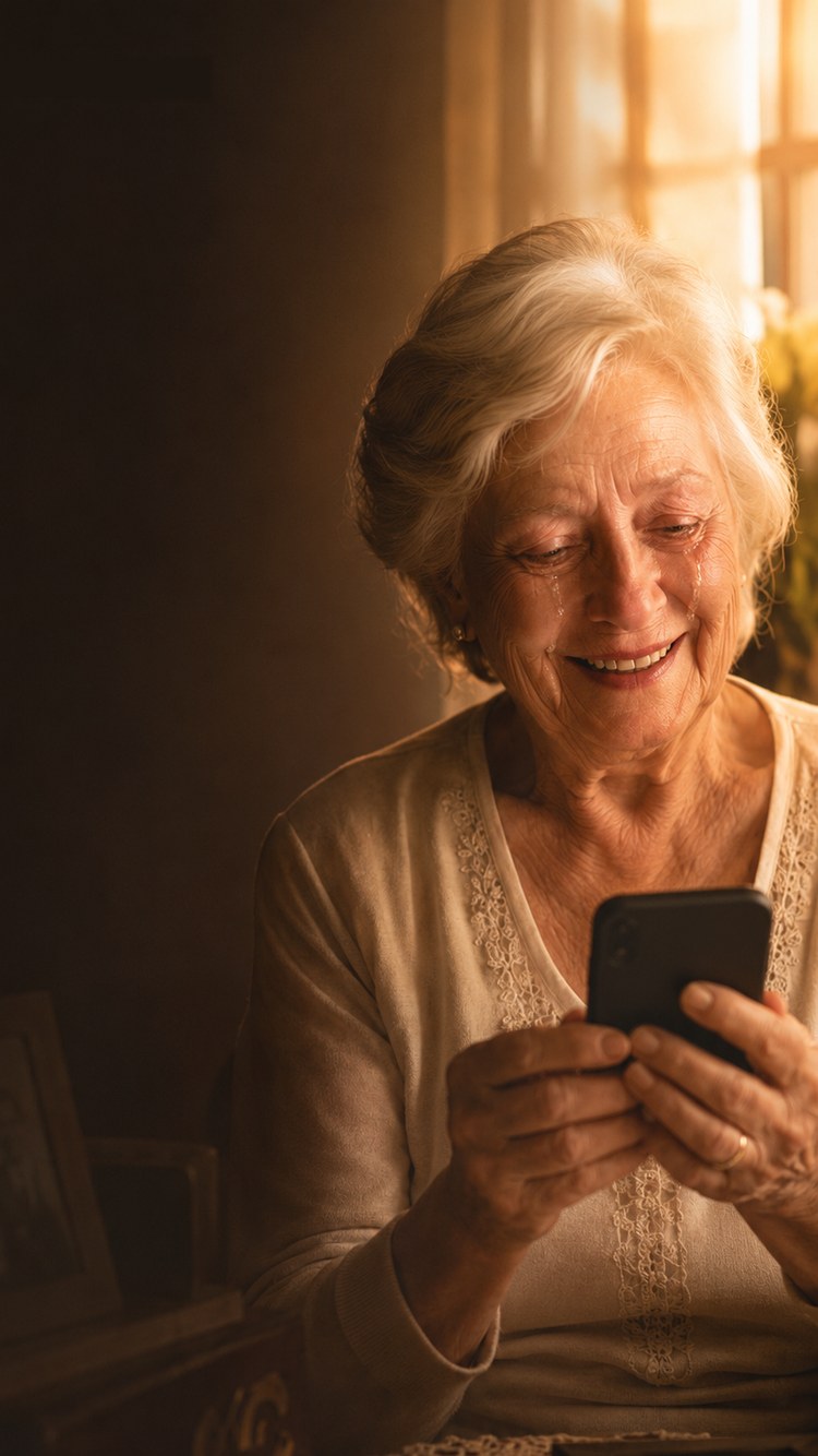 Senhora emocionada segurando celular, iluminada por luz dourada de pôr do sol